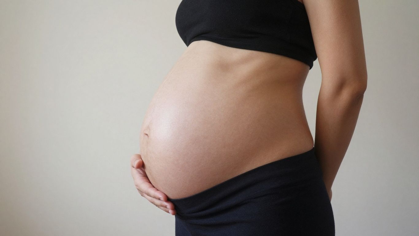 Barriga de embarazada de 28 semanas en el tercer trimestre.