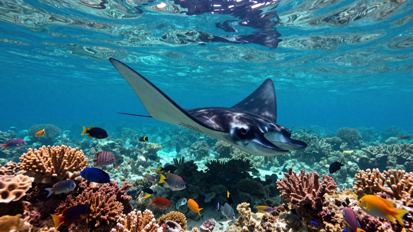 Manta ray swimming in a vibrant coral reef.