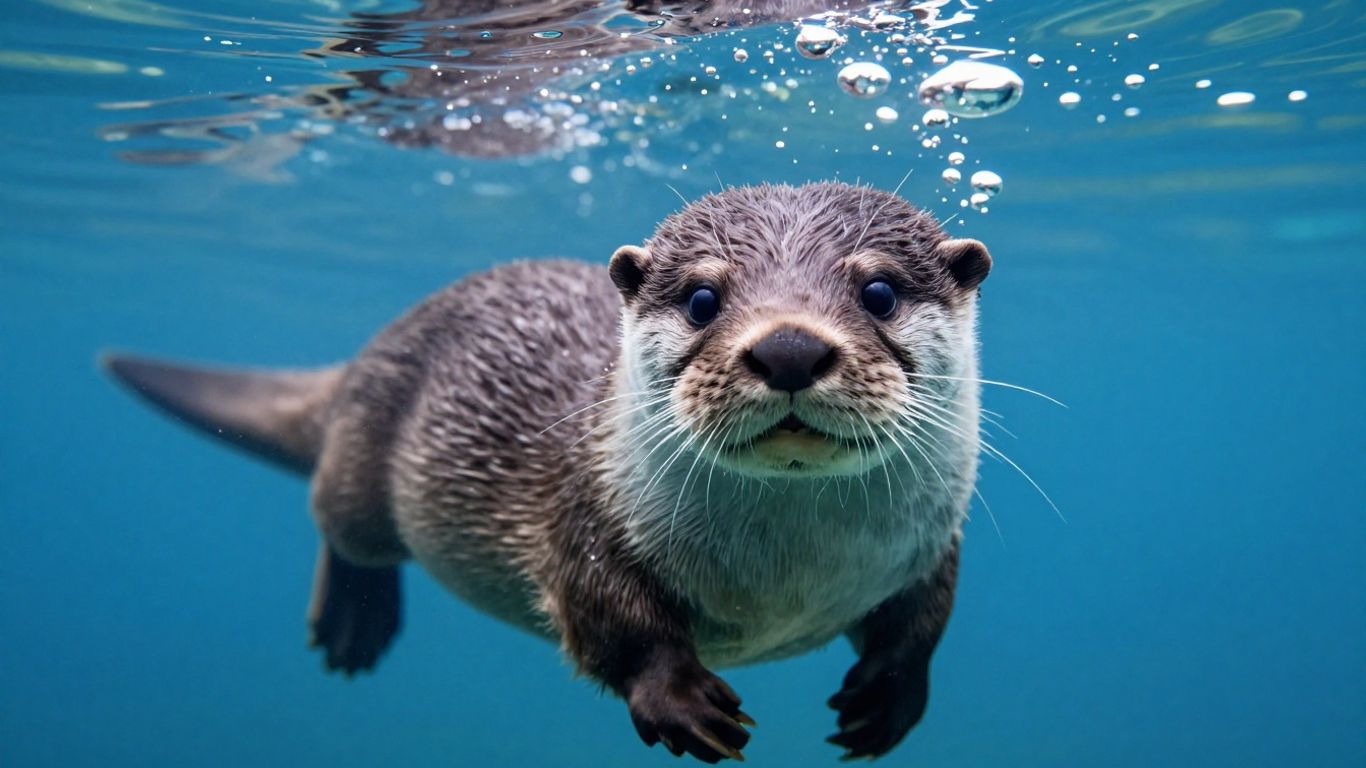 Loutre nageant sous l'eau avec des bulles