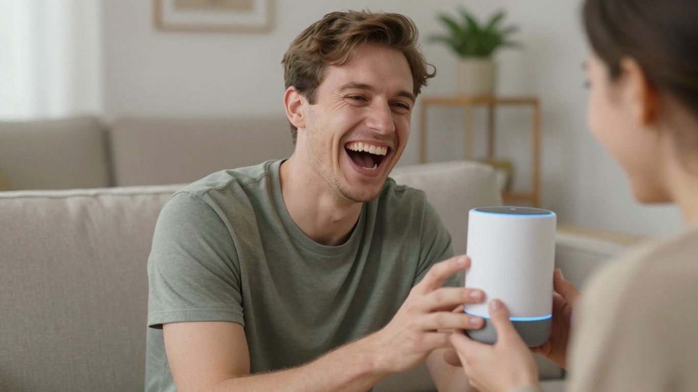 Pessoa rindo enquanto fala com a Alexa sobre jogos.