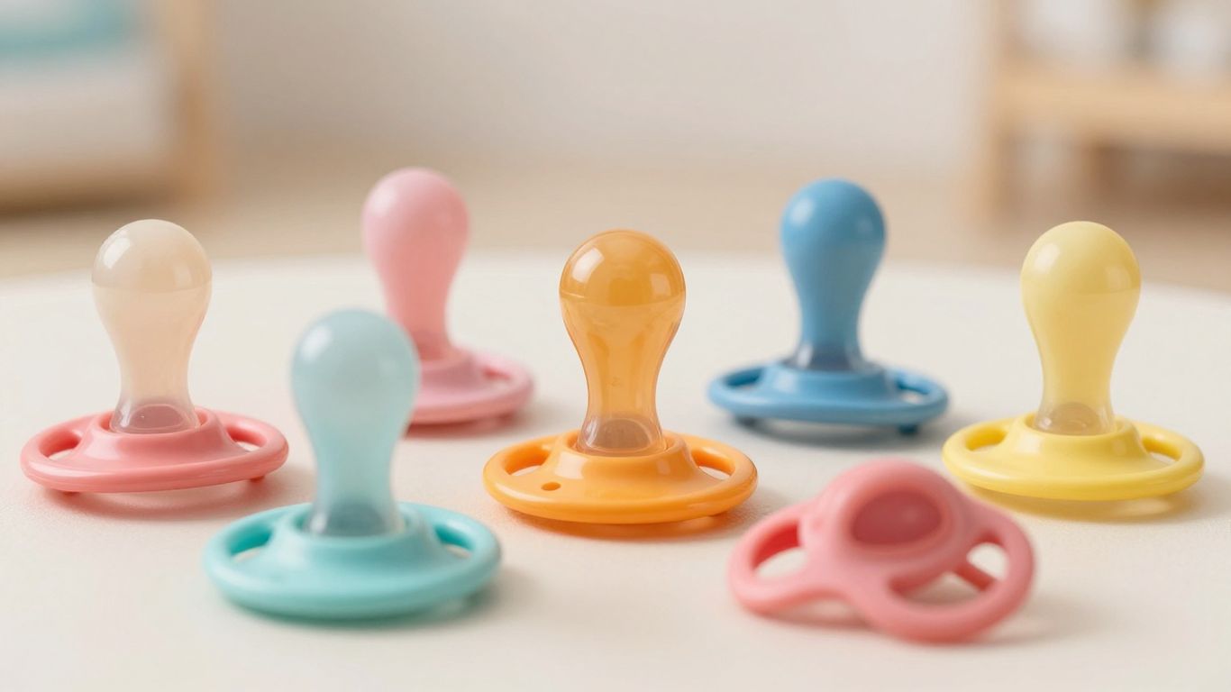 Chupetes de bebé de diferentes tamaños y colores.