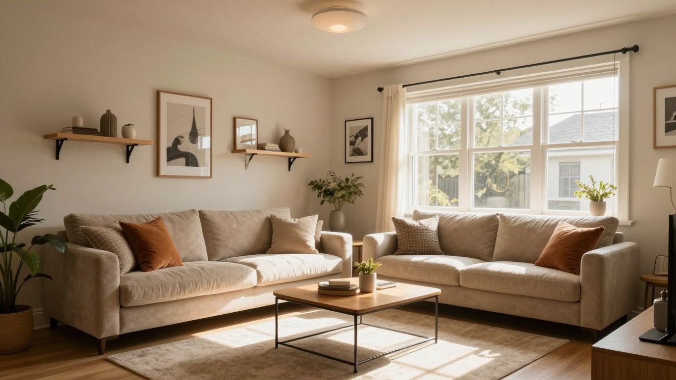 Remodeled basement living area with comfortable seating and warm lighting.