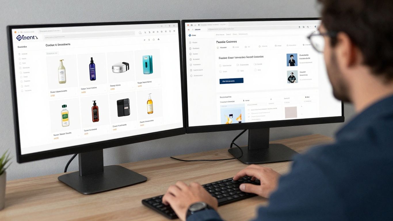 A creative and modern online store interface on monitors.