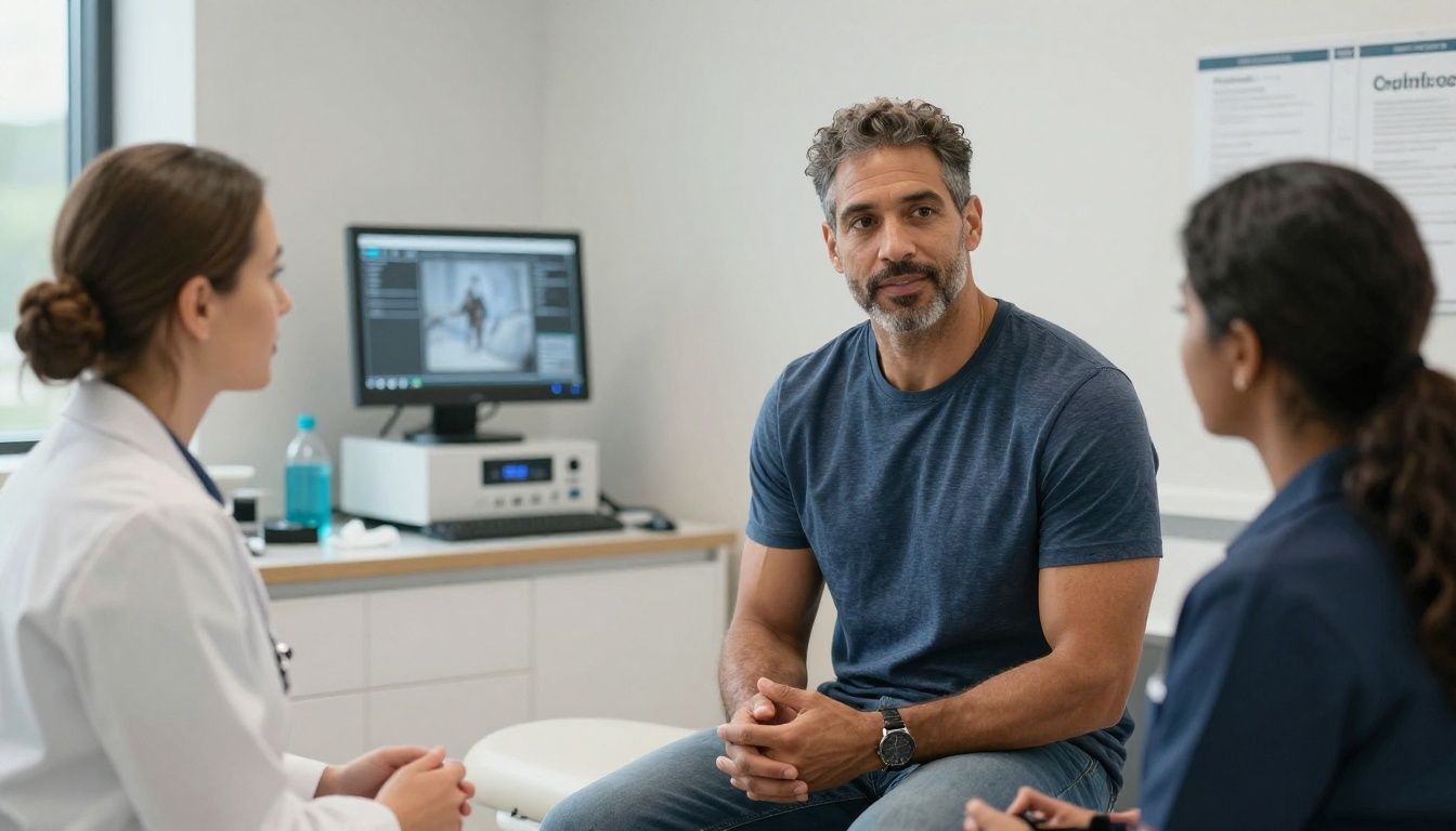 Premium men’s health scene in an upscale North Carolina clinic, with a confident diverse man in his 40s speaking with a professional provider near a lab and fitness recovery area, realistic natural lighting, sophisticated and reassuring, no text, no logos