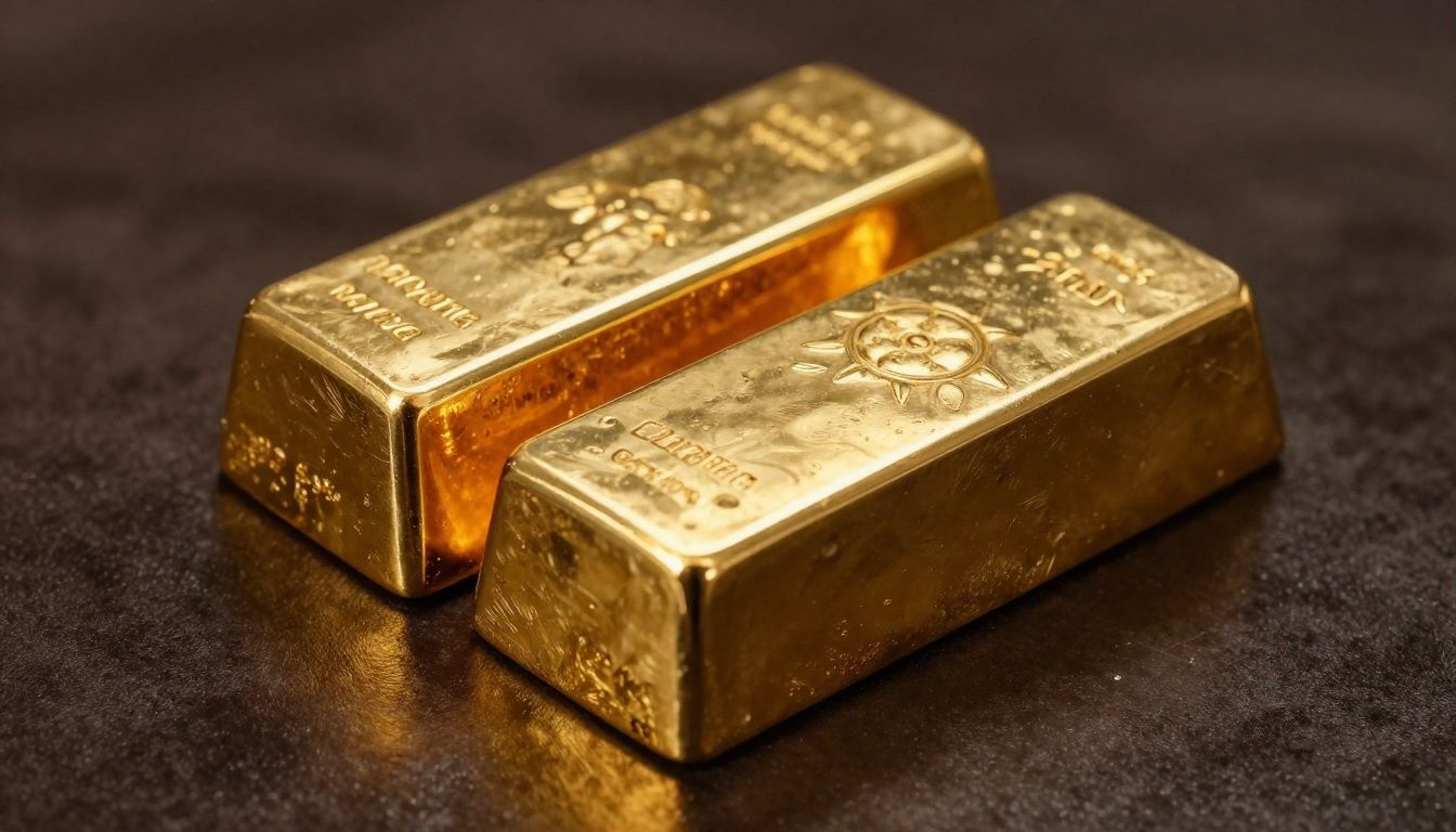 Um lingote de ouro brilhante repousando sobre uma superfície de veludo escuro, capturando reflexos de luz e transmitindo uma aura de riqueza histórica e prestígio.
