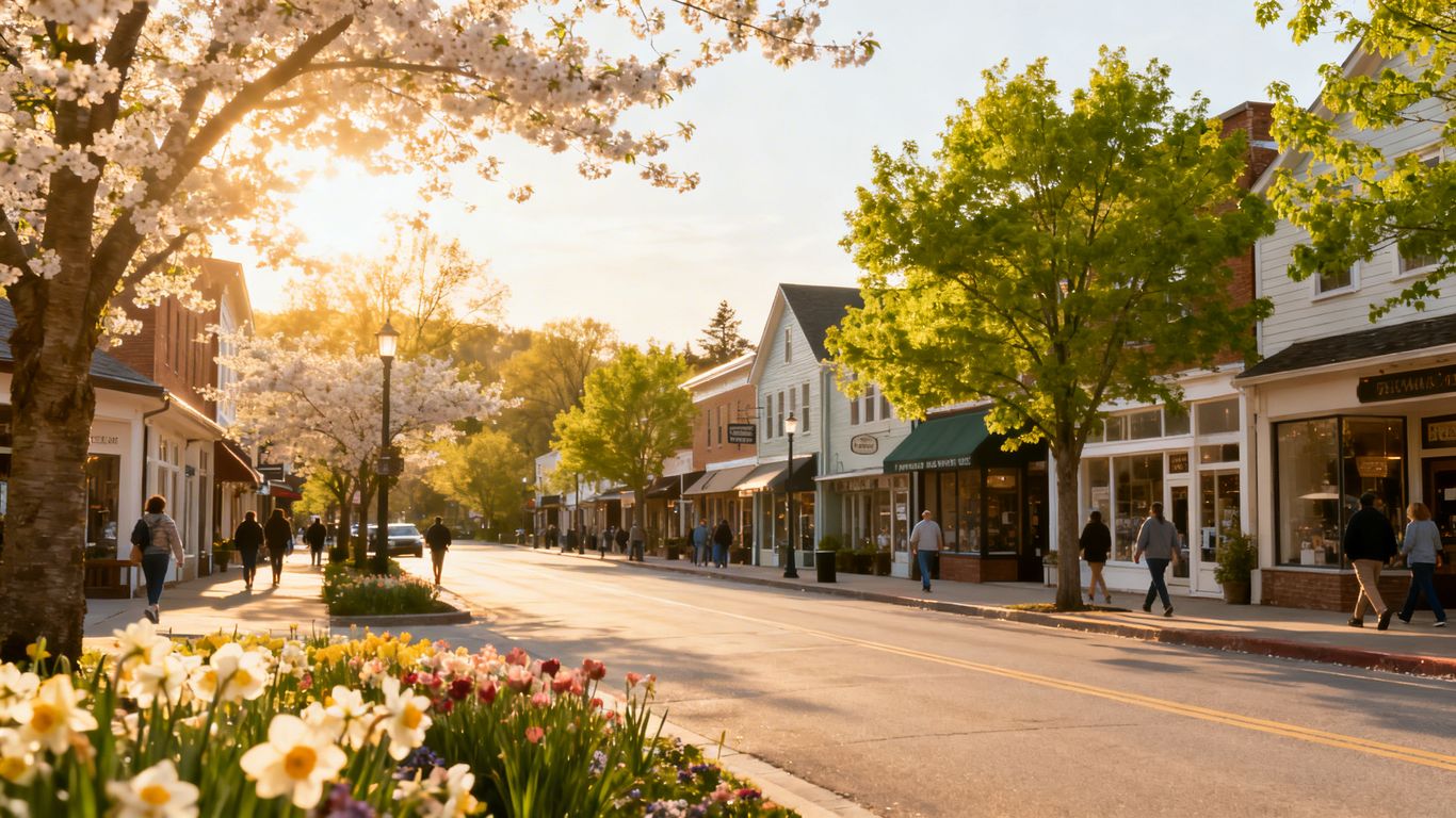 Local shops on a sunny spring day with flowers blooming.
