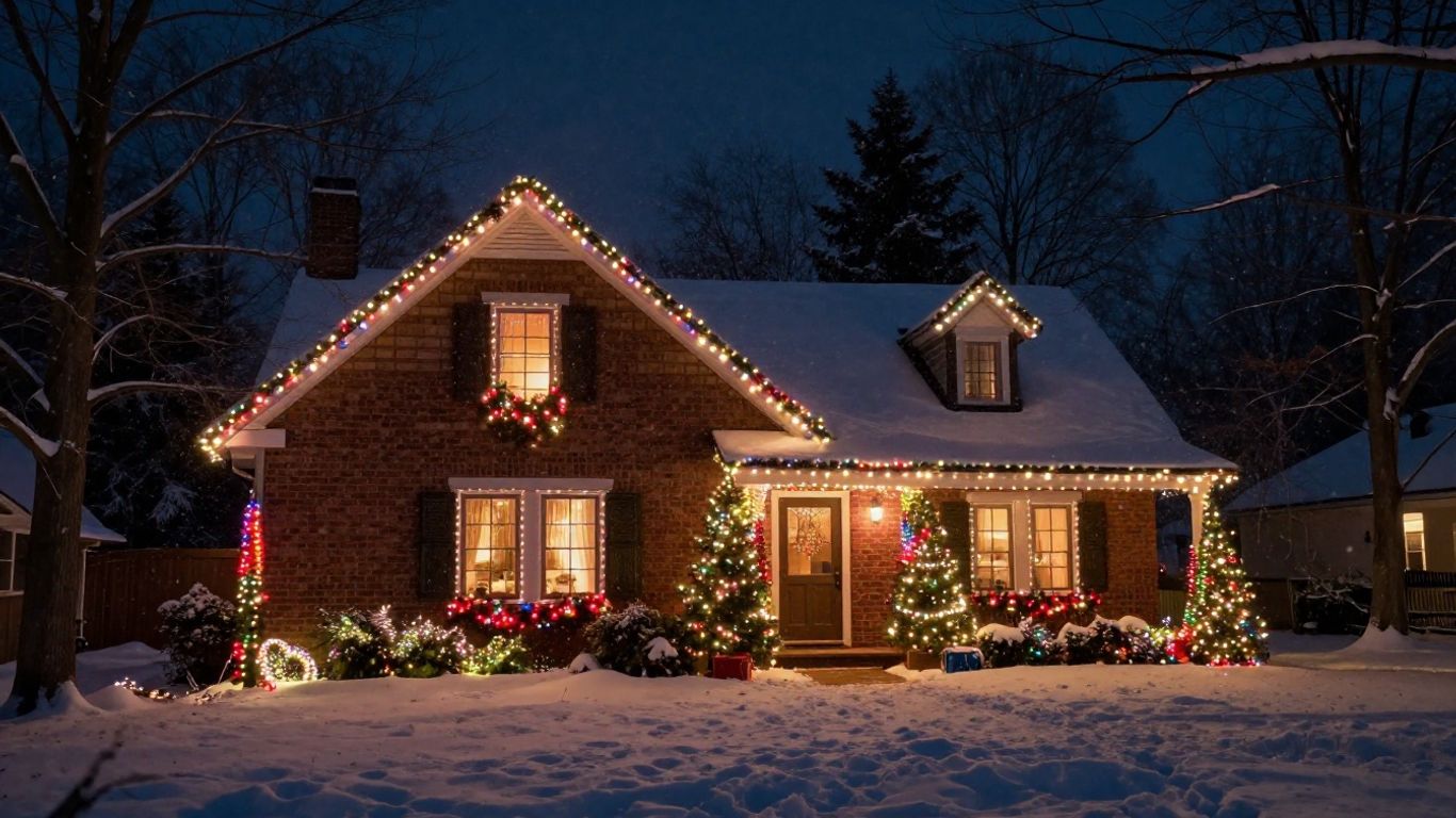 Shiloh house decorated with Christmas lights in winter.