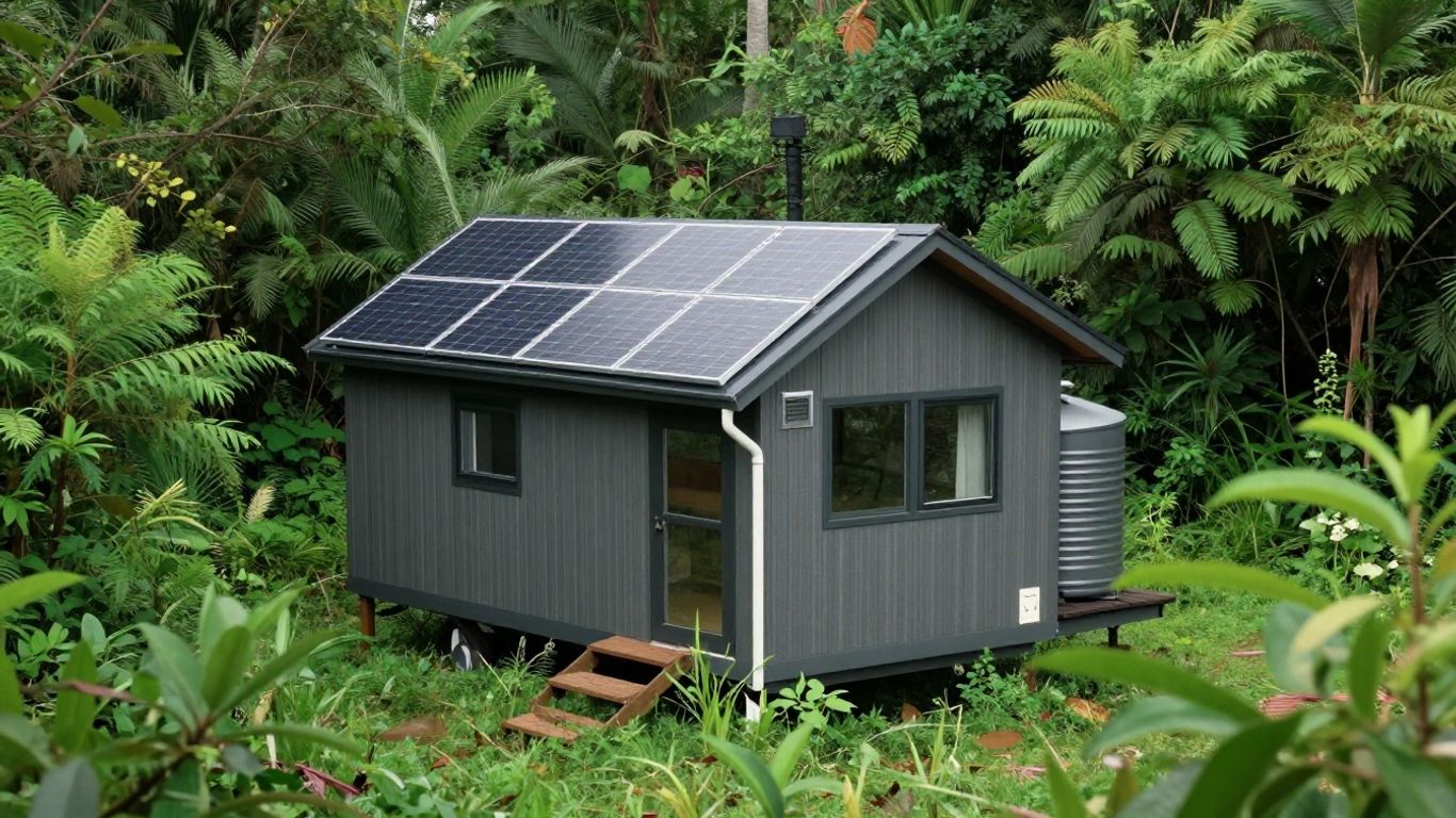 Tiny house with solar panels and water tank.