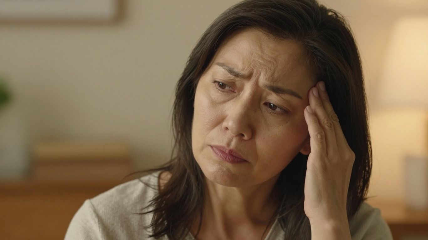 Woman touching temple, concerned about memory during menopause.
