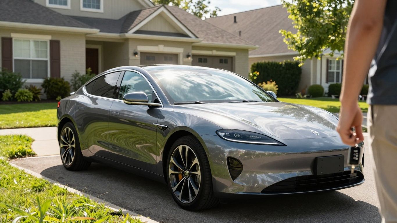 Person holding car keys with a car in the background.