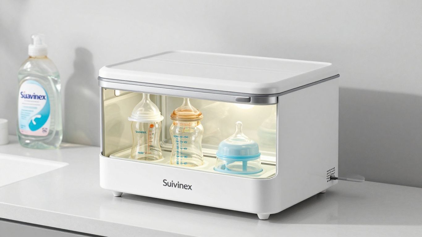 Esterilizador Suavinex con biberones y detergente.