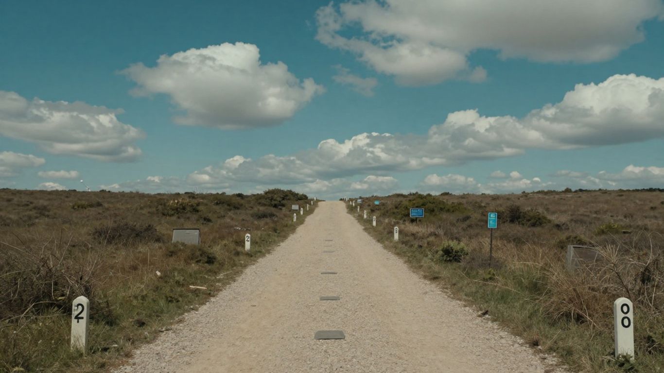 Path through landscape with milestones and distant clouds.