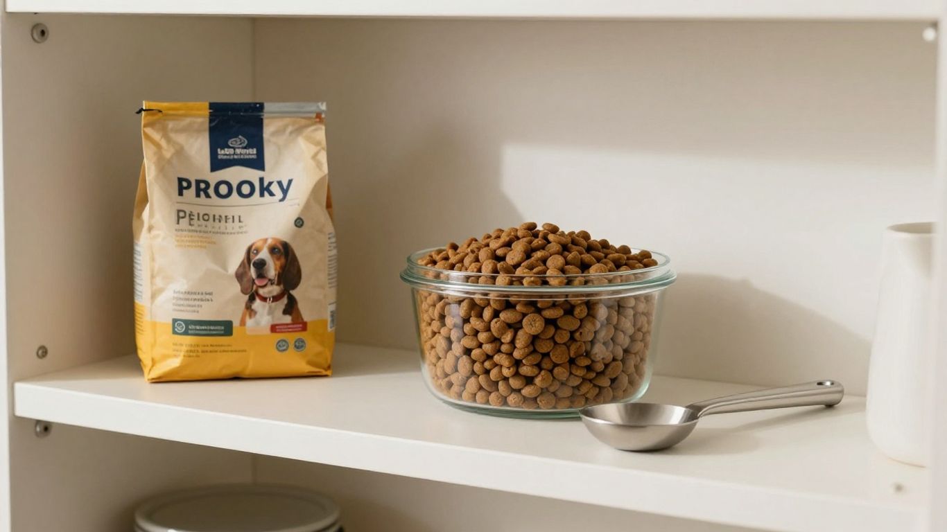 Dog kibble bag beside a sturdy storage container