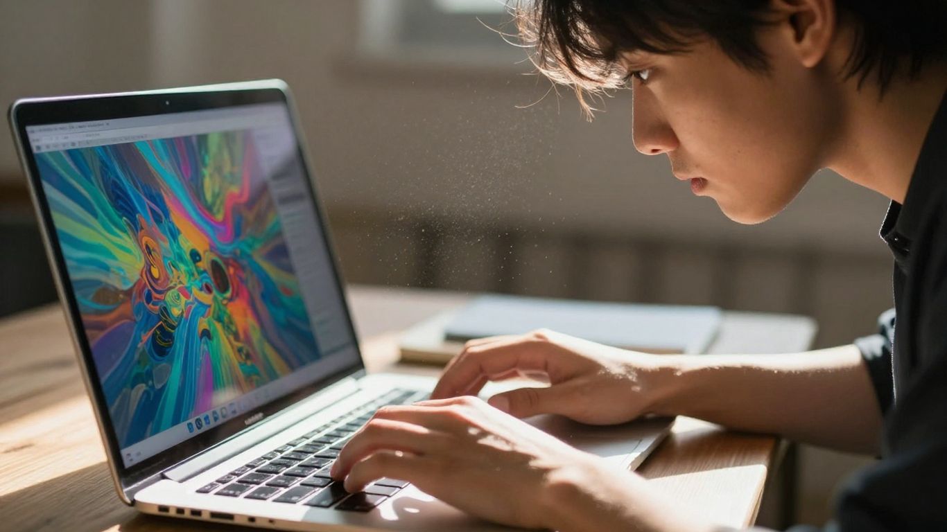 Person focused on laptop, digital landscape, sunlight.