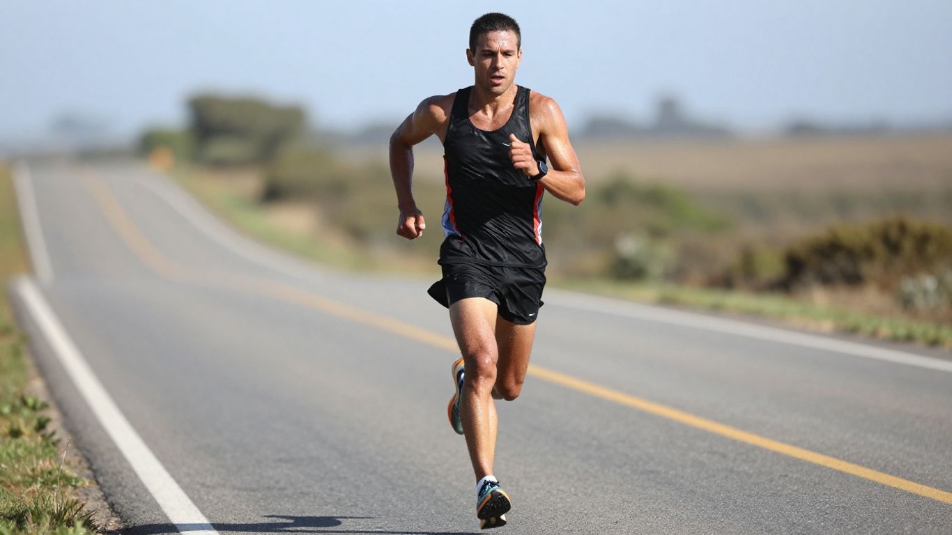 Marathon runner in motion, focused on speed.