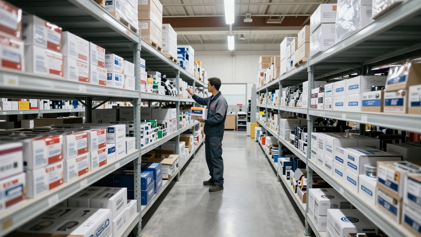 Warehouse racks filled with organized automotive components