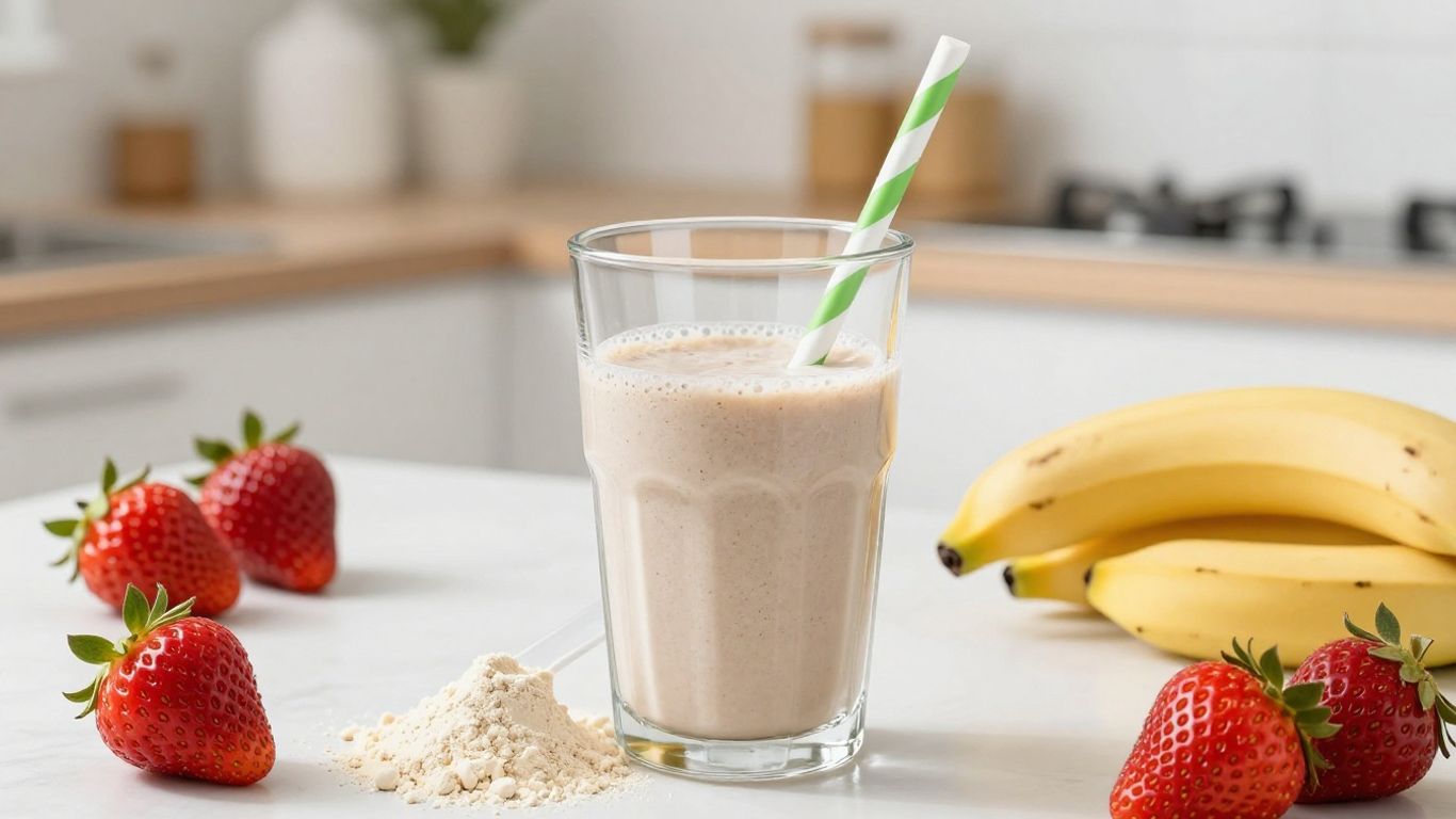 Herbalife shake with fruit and protein powder on counter