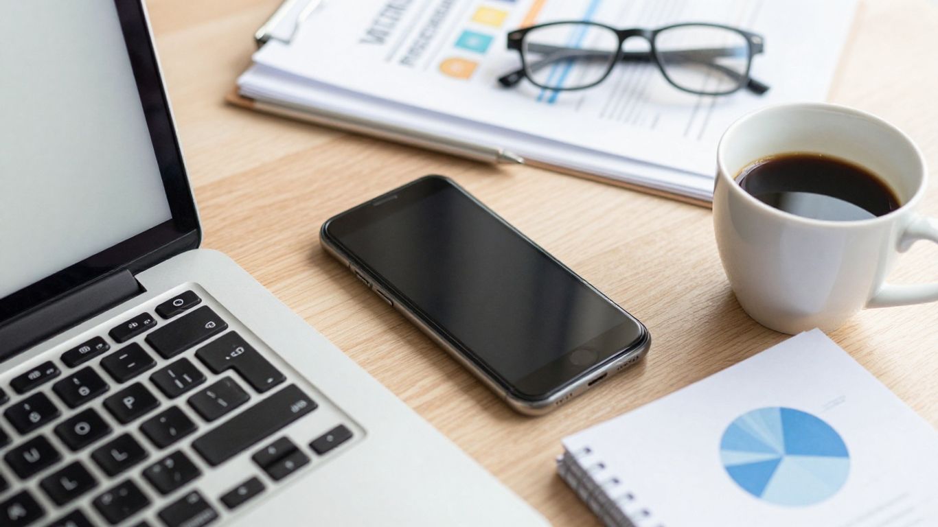 Modern workspace with laptop and marketing materials