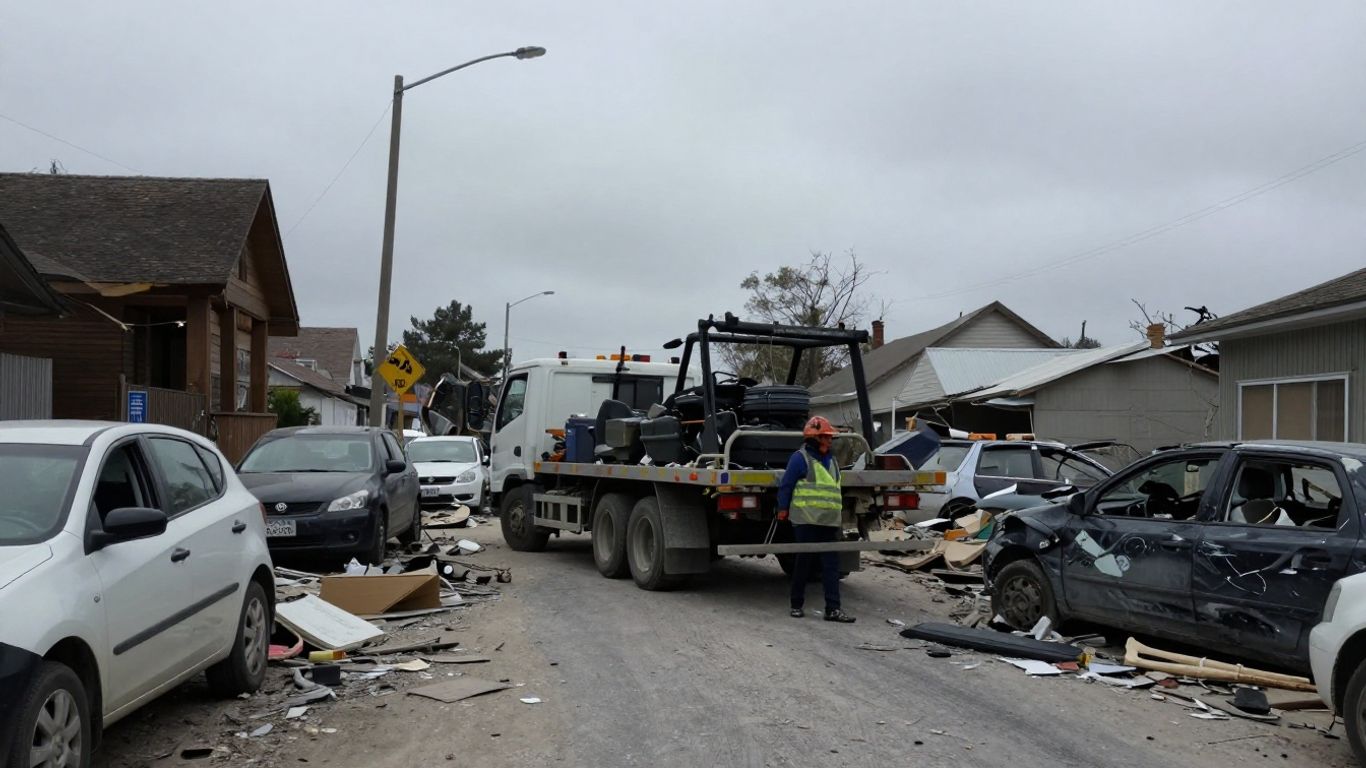 Tow truck clearing debris after a natural disaster.
