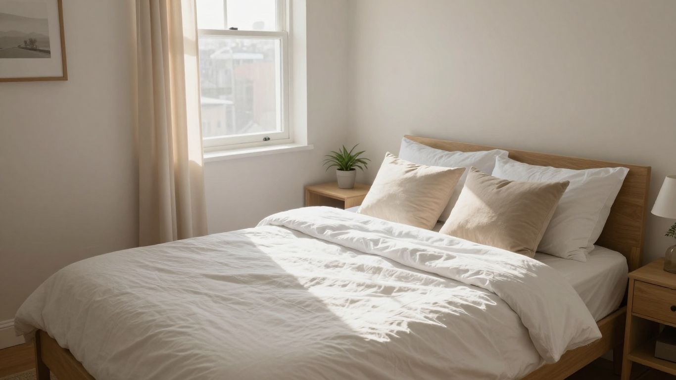 Cozy Airbnb bedroom with comfortable bed and natural light.