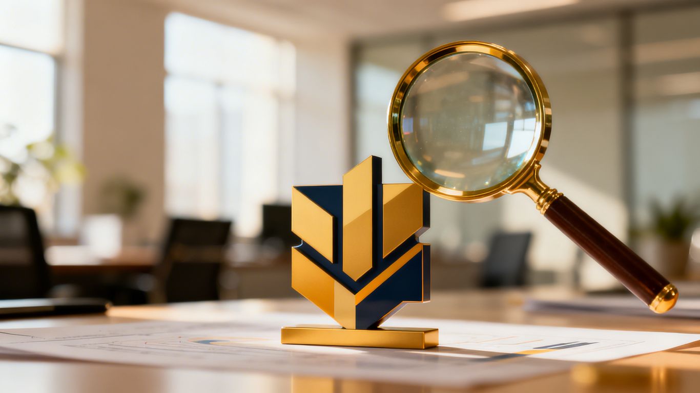 Magnifying glass over a brand logo, professional setting.