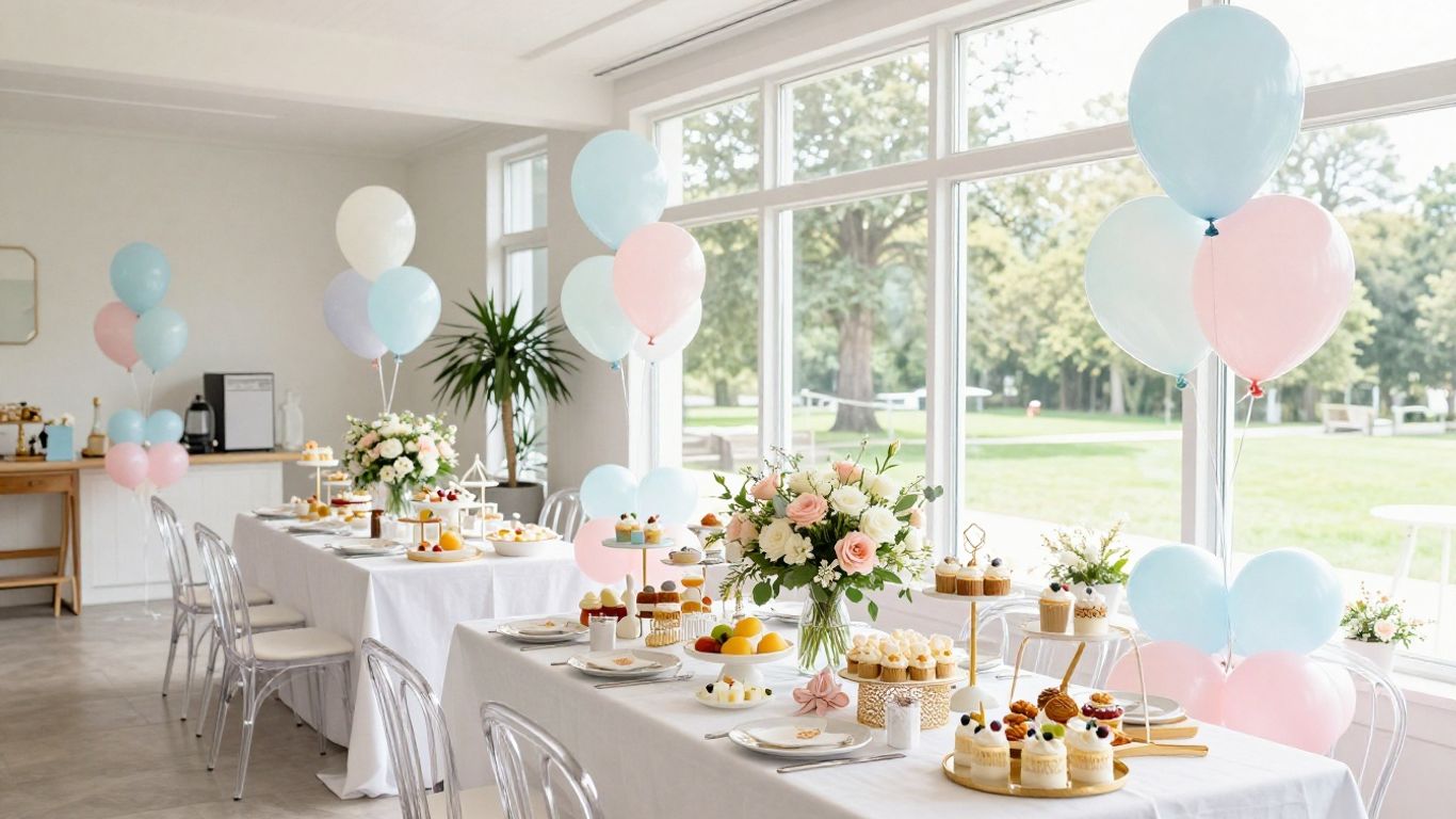 Elegant Dallas baby shower venue with balloons and desserts.
