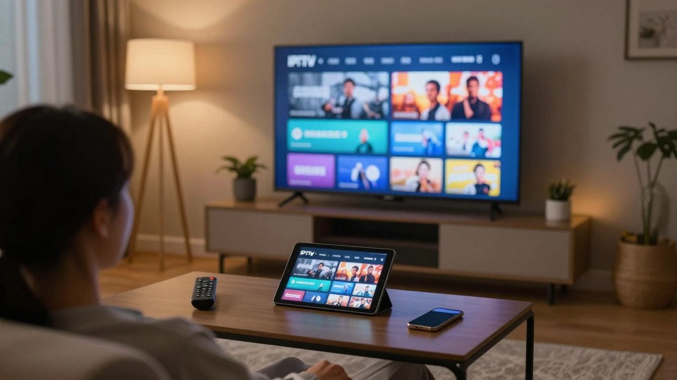 Person watching IPTV on large TV with remote nearby