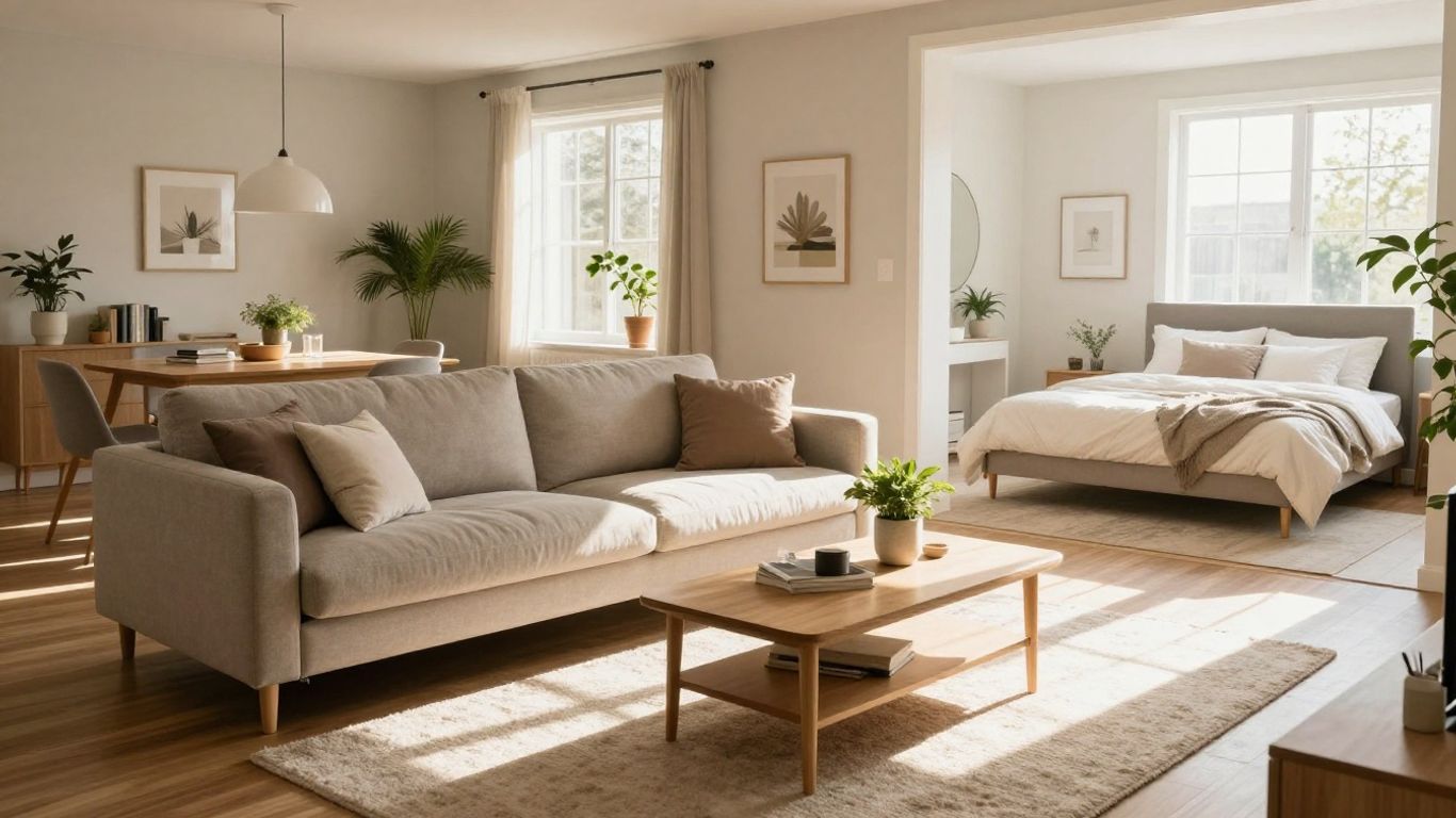 Furnished living room and bedroom of a rental house.