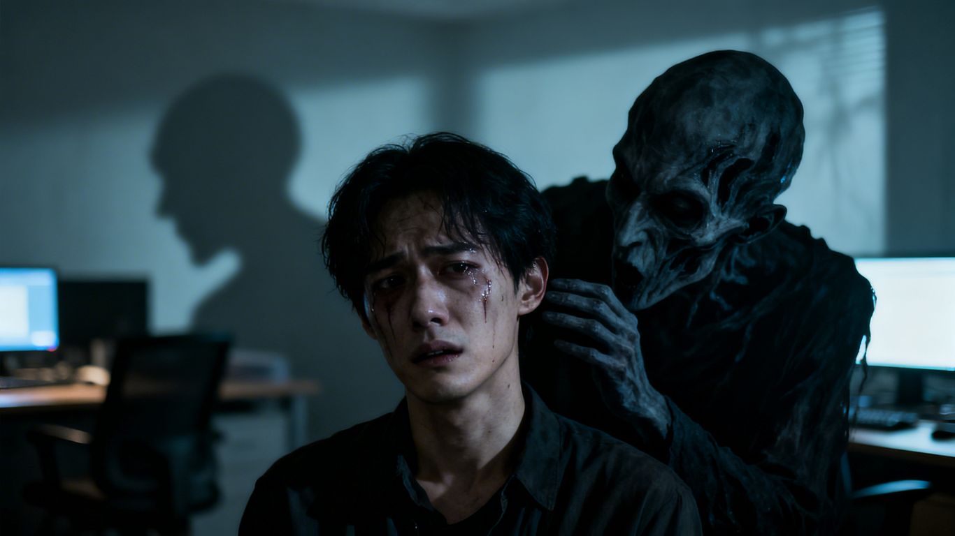 Person battling self-doubt with a shadowy figure whispering.