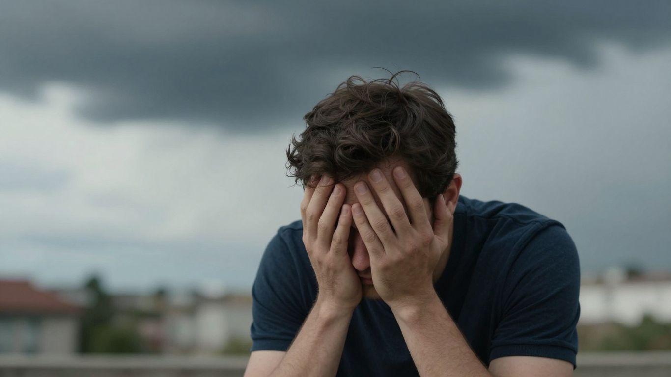 Pessoa com expressão de cansaço e nuvem escura sobre a cabeça.