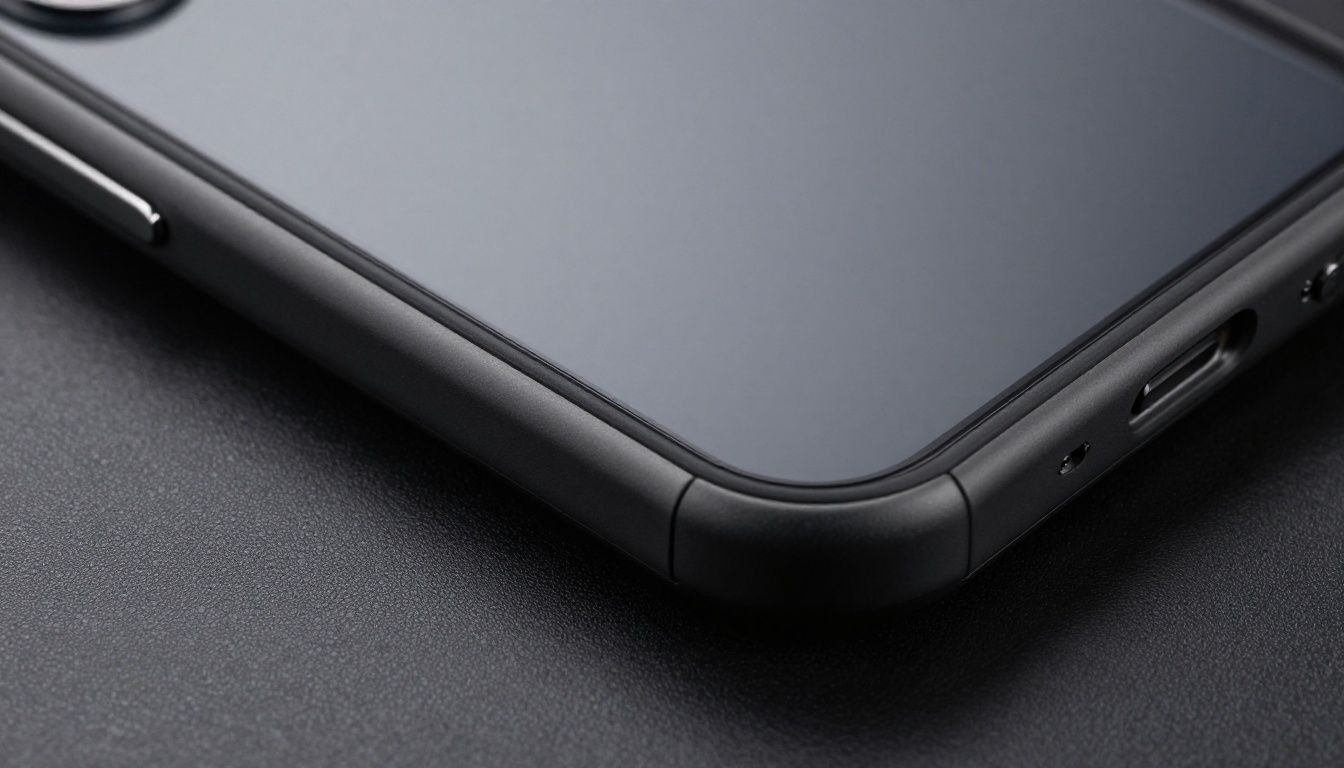 A photorealistic close-up of a generic smartphone in a matte black protective case, showing the raised bezel edge that protects the screen.