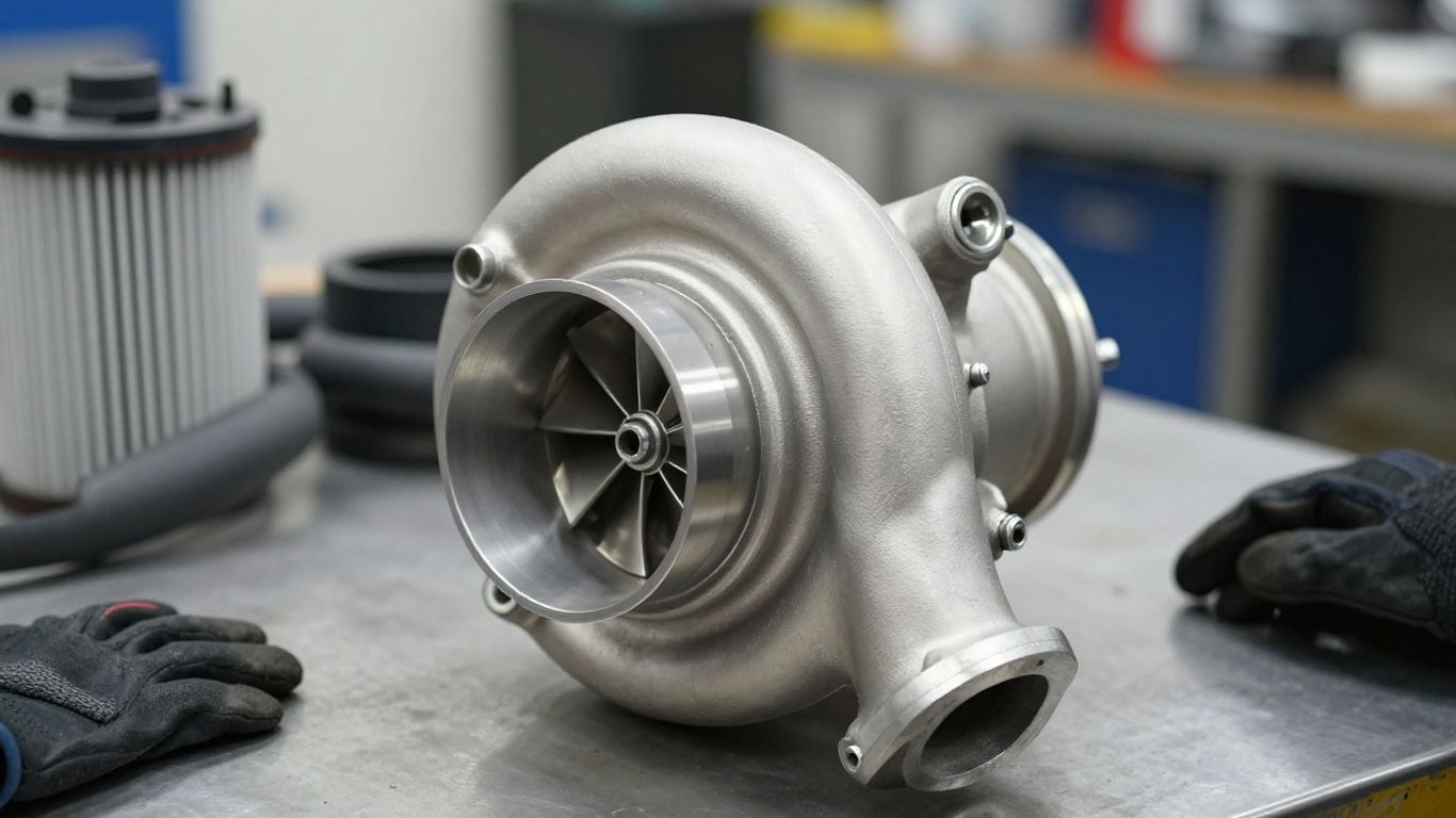 Close view of a damaged turbocharger beside engine components
