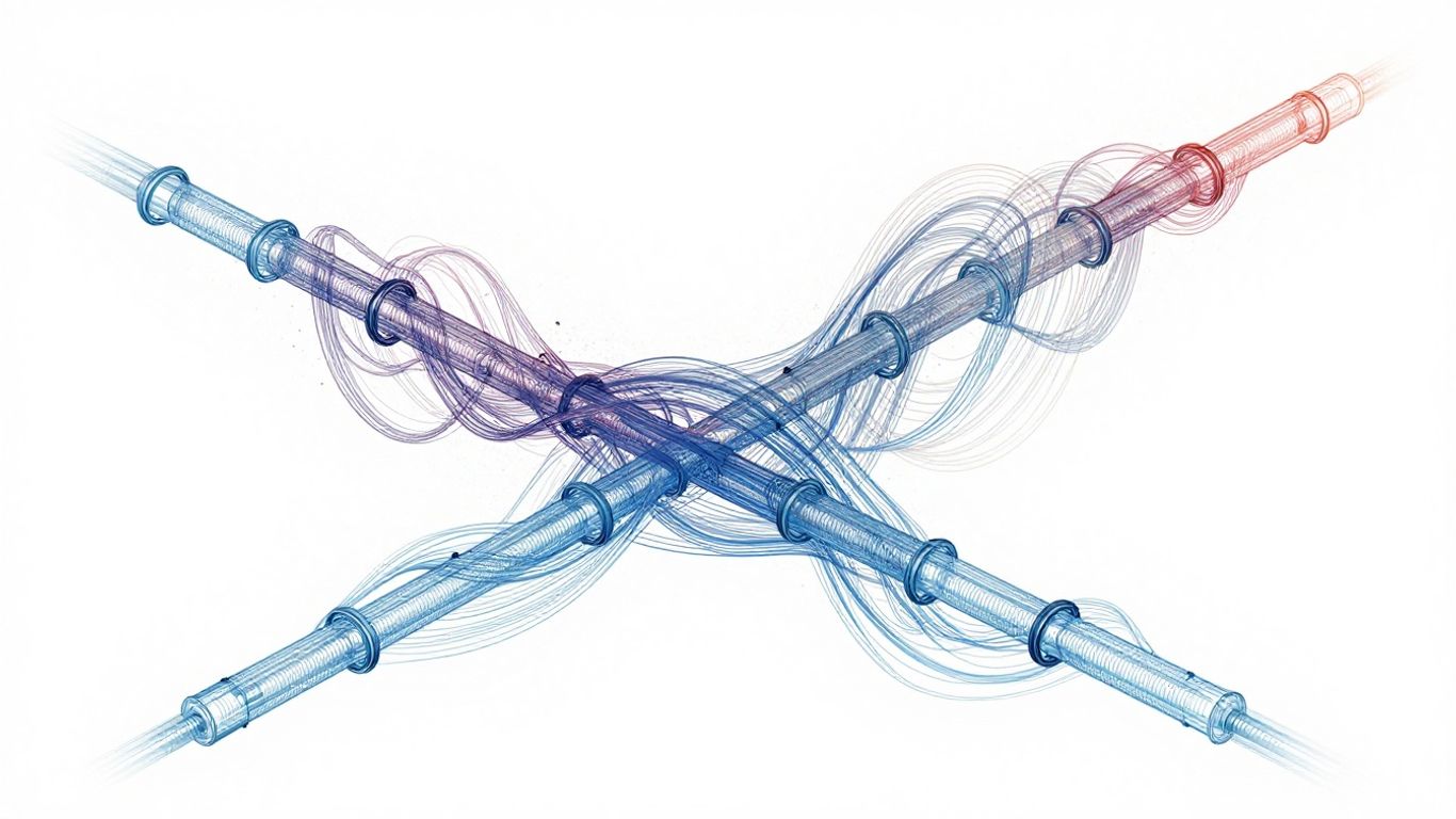 Abstract digital streams representing CI/CD pipelines.