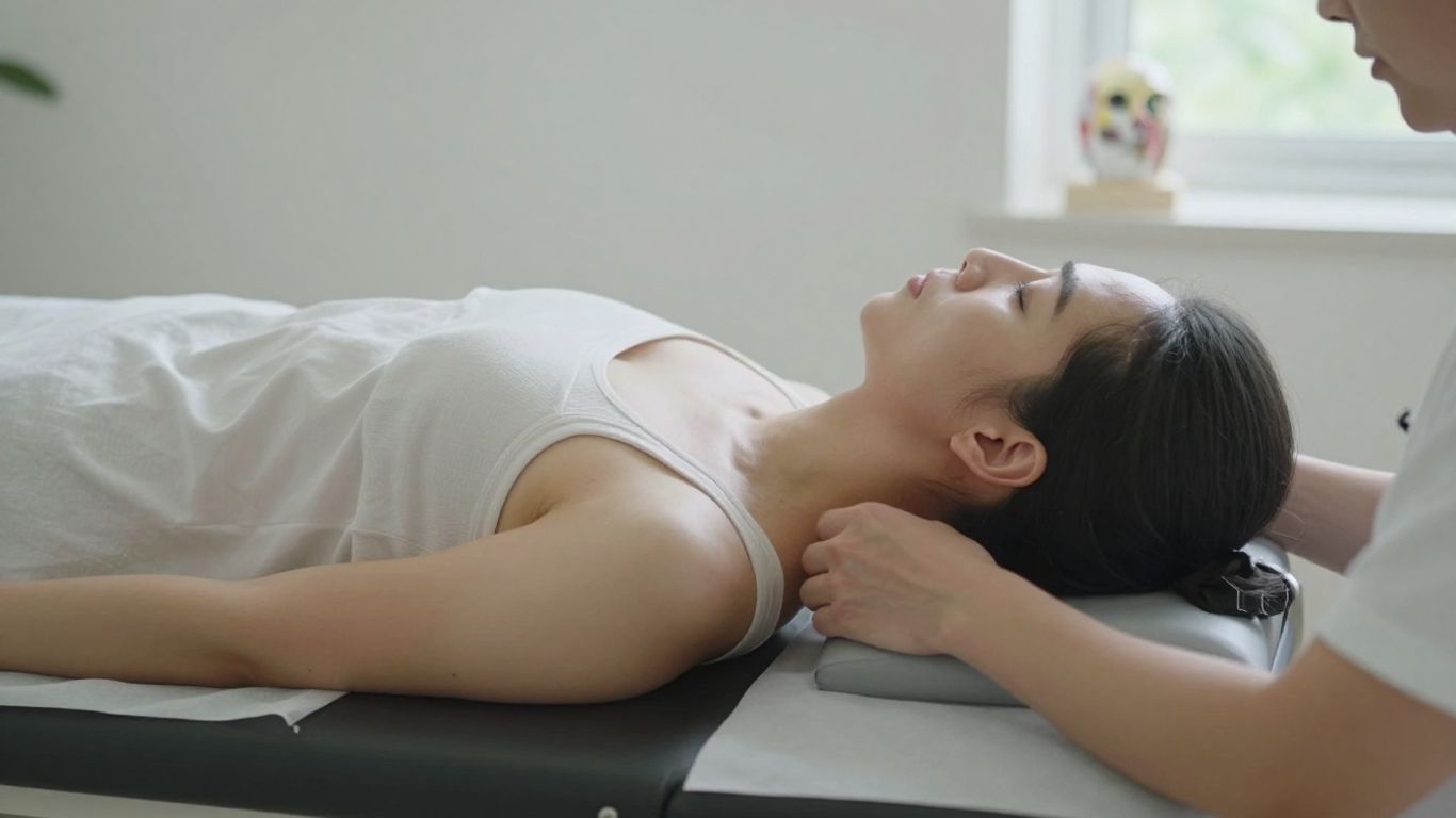 Photographic side view of a patient receiving gentle cervical decompression on a clinical traction table, practitioner adjusting the head support, calm Singapore chiropractic treatment room, soft natural light, realistic anatomy model nearby, no text or signage
