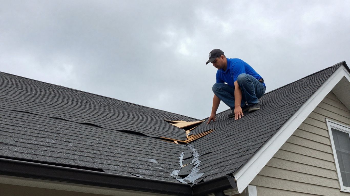 Homeowner and roofer inspect damaged roof after storm.
