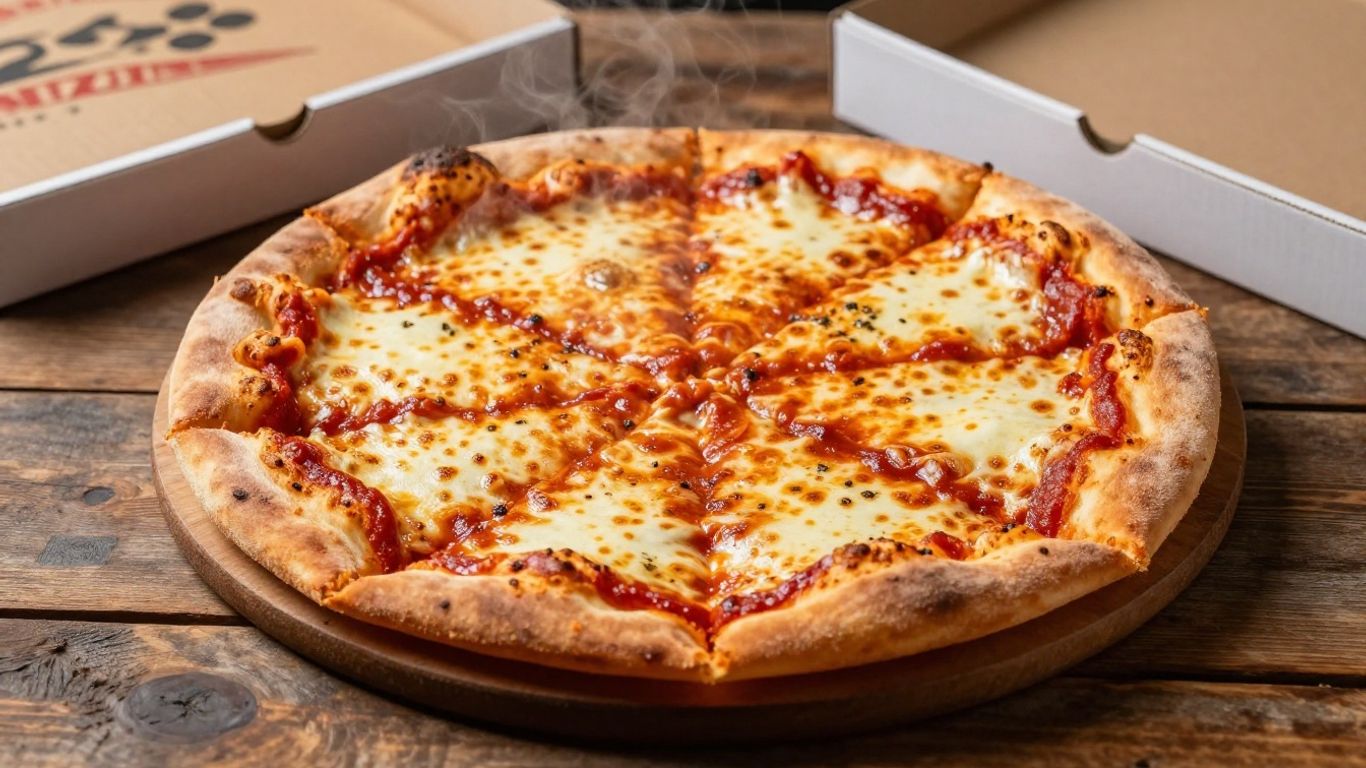 Hot deep dish pizza arriving in a delivery box.