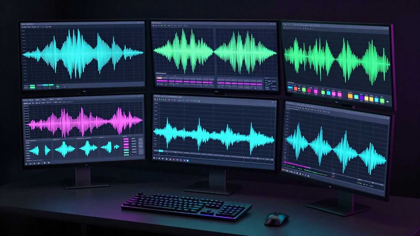 A futuristic computer workstation creating music visuals
