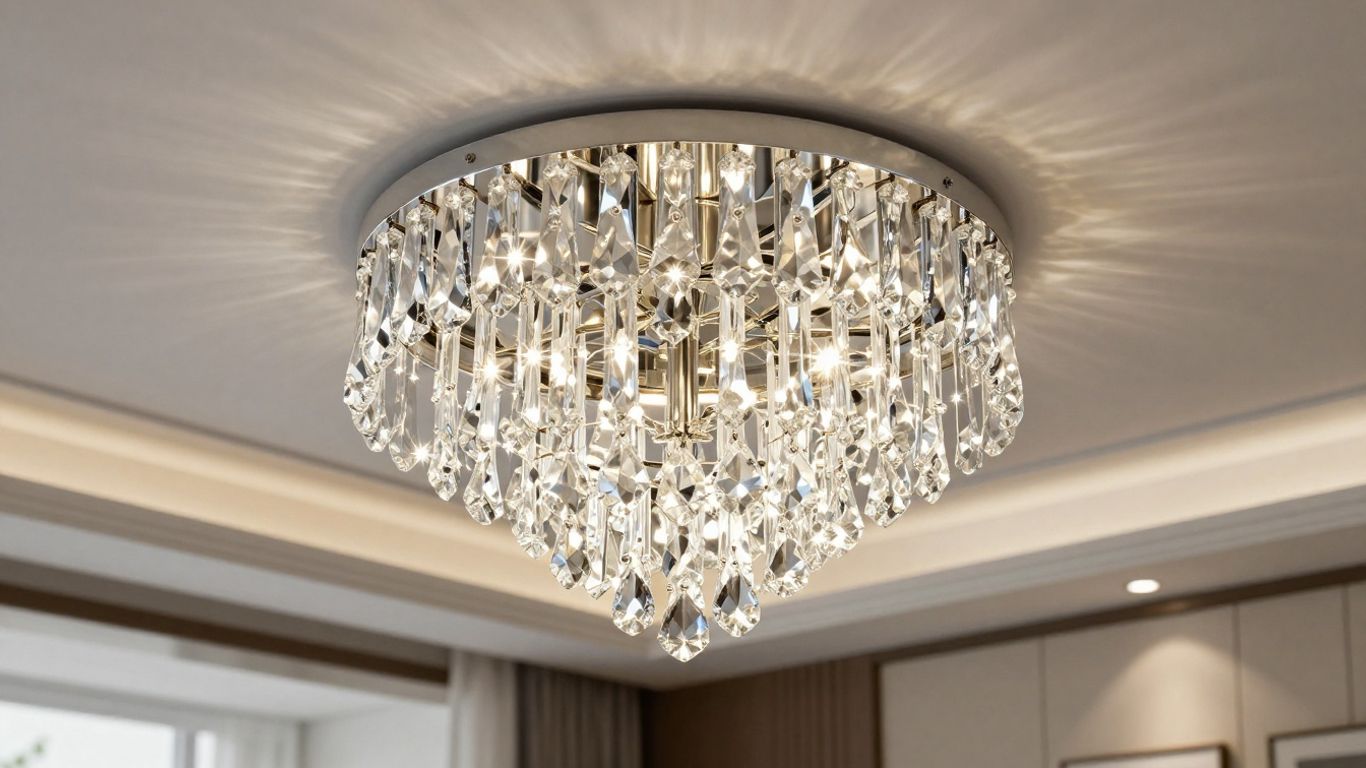 Flush crystal ceiling light fixture sparkling in a modern room.