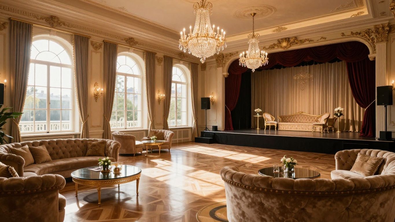 Elegant ballroom with chandeliers and seating for an event.