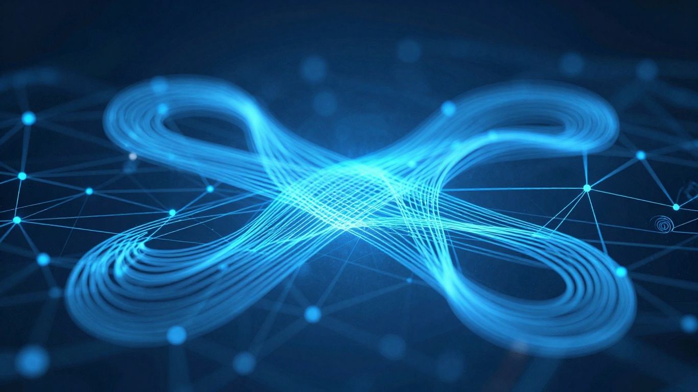 Interconnected network of glowing lines on a blue background.