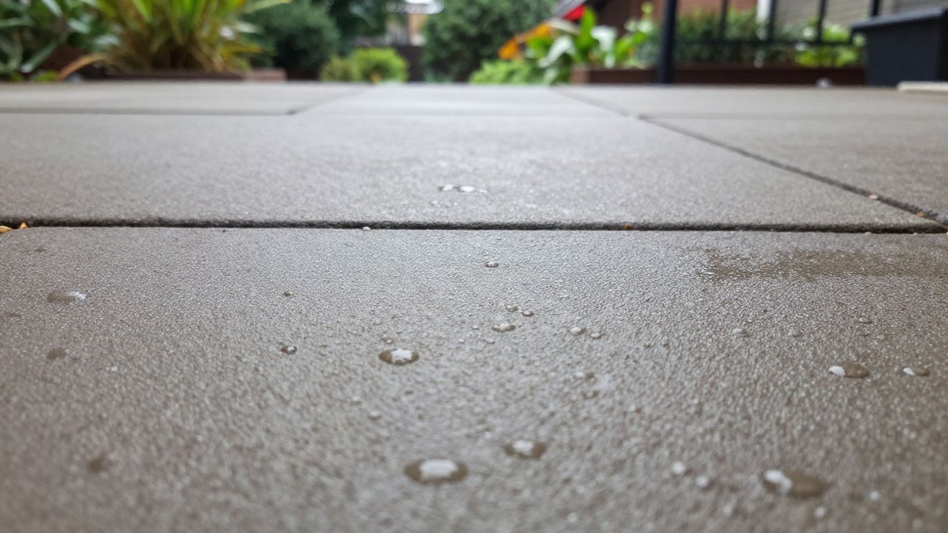Wet, textured pavers on a garden patio.