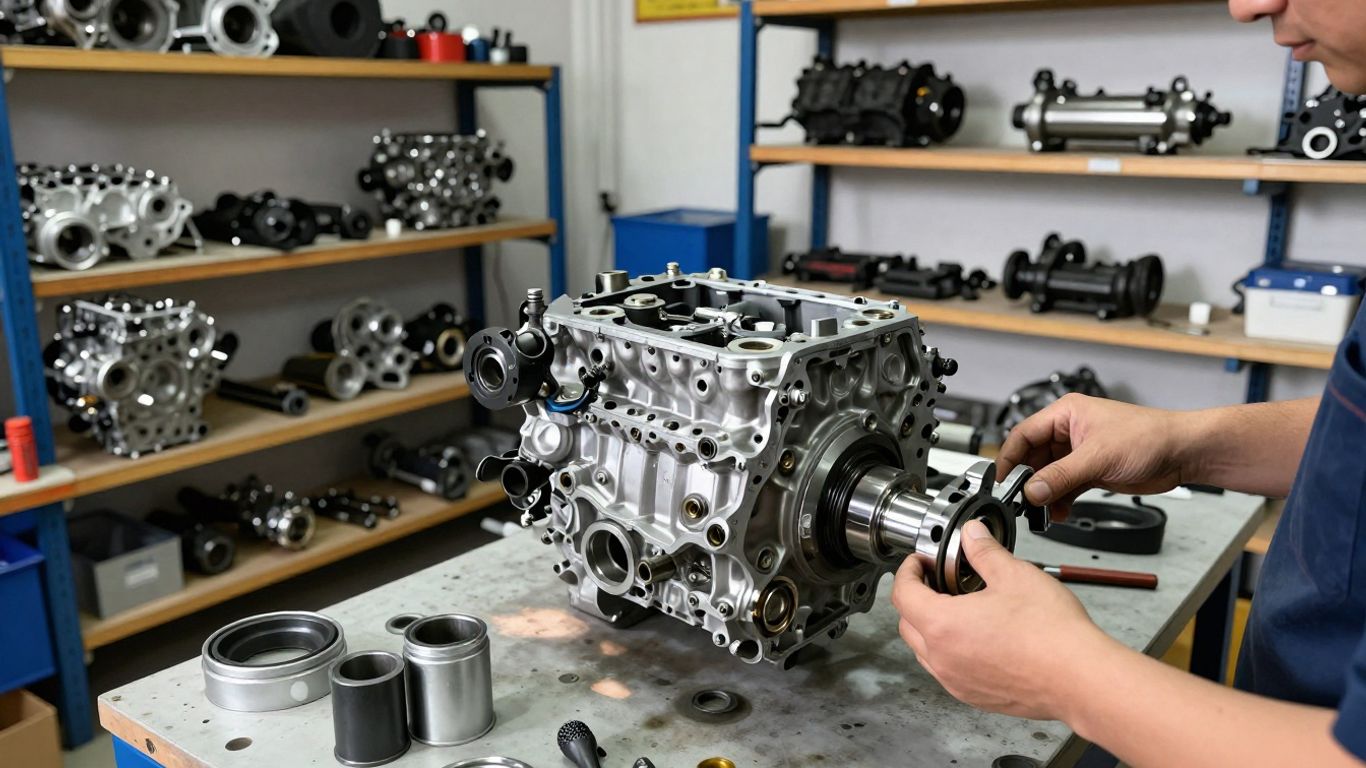 Subaru engines and parts in a workshop.