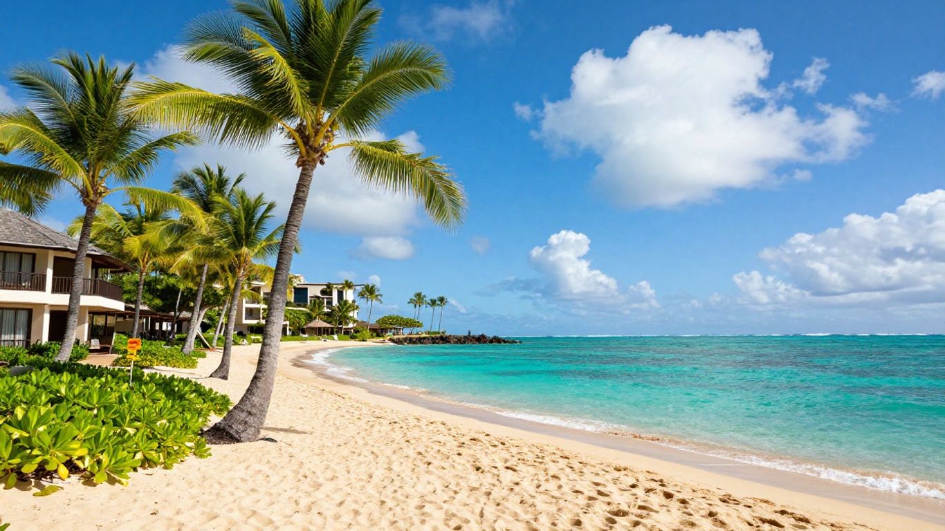 Beautiful Hawaiian beach with palm trees and resort.