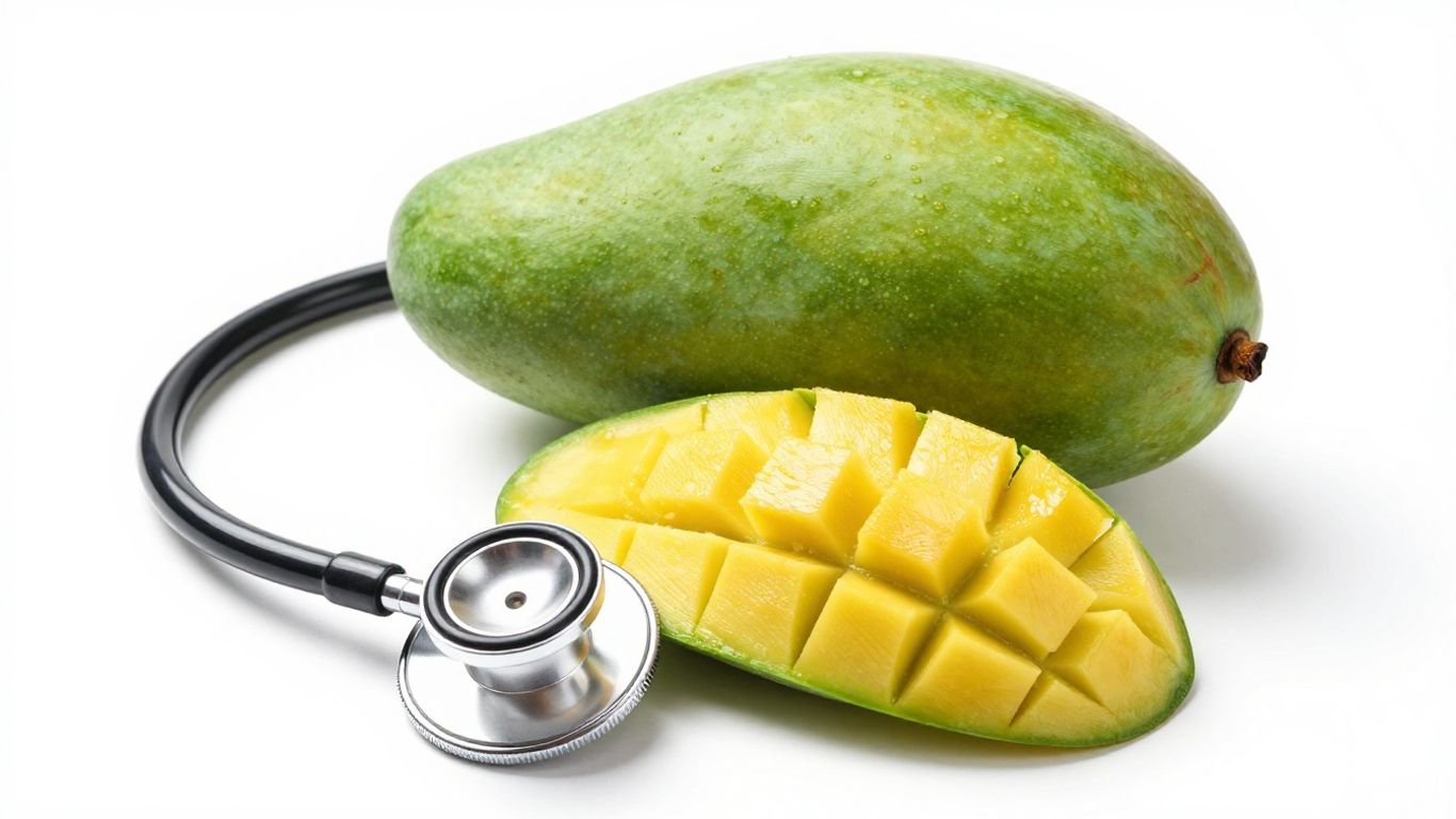 Fresh raw mangoes with stethoscope for heart health