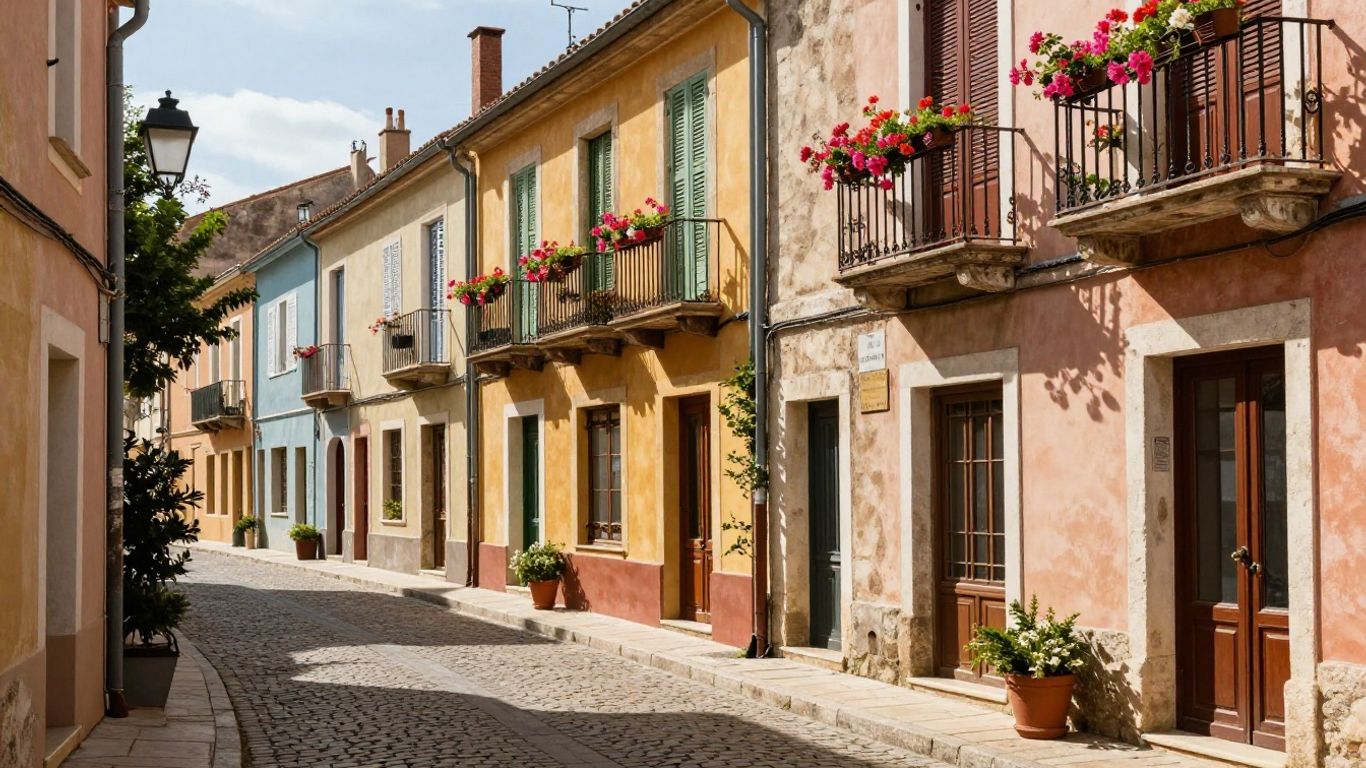 Colorful buildings and flower-filled balconies in Sète, France.