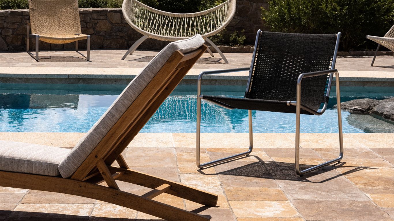 Pool loungers in varied outdoor materials