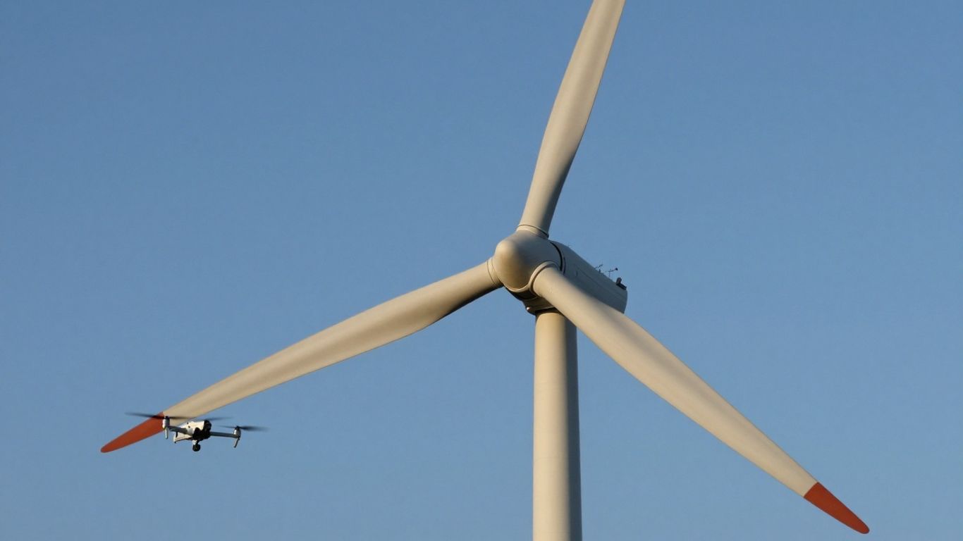 Drone inspecting a wind turbine blade.