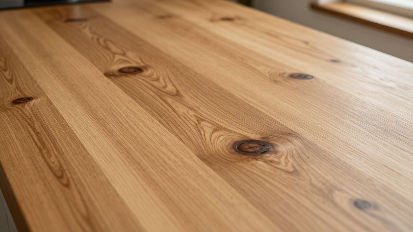 Rustic oak kitchen worktop with prominent wood grain.