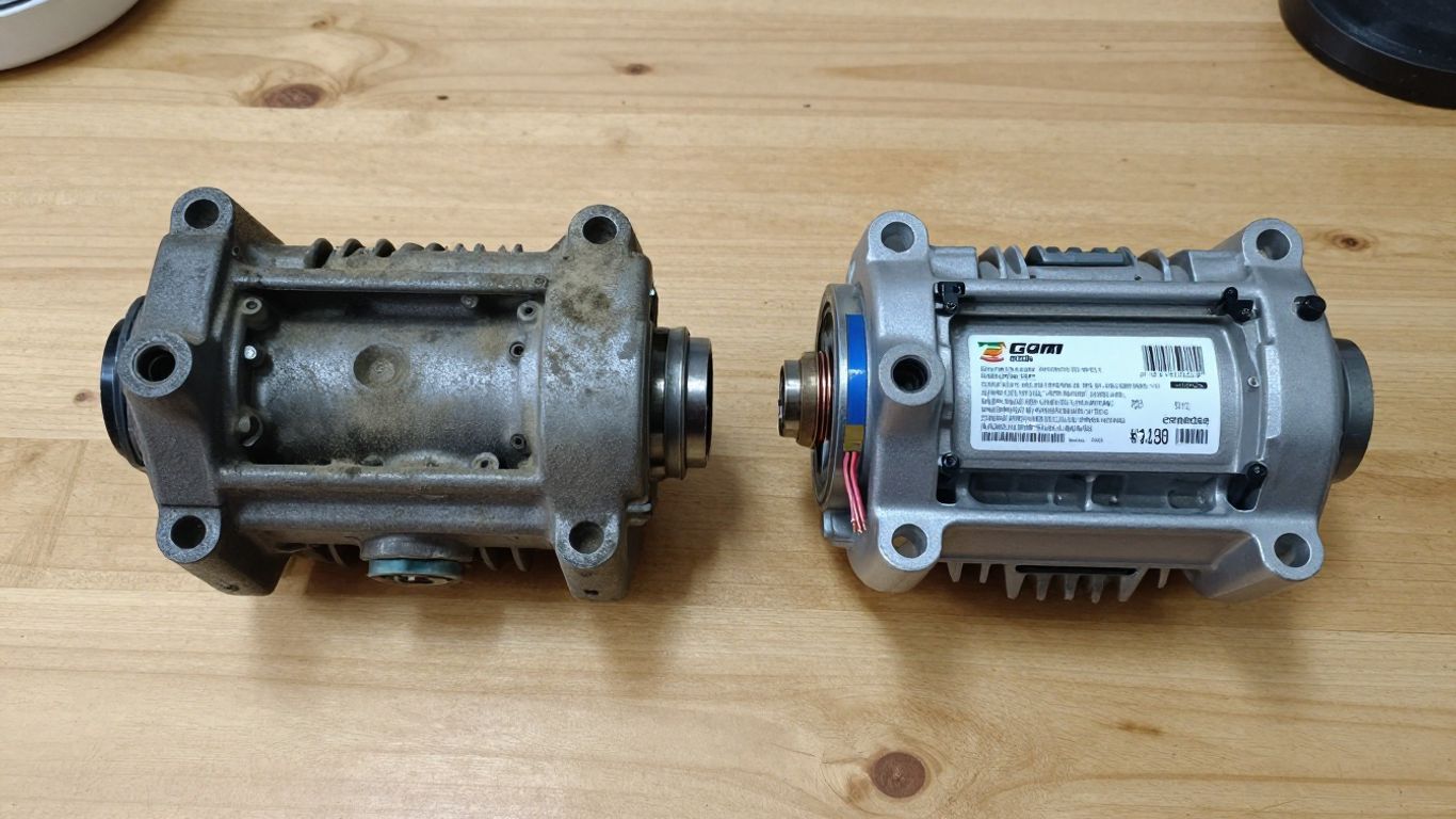 A comparative look at a dirty salvaged car alternator next to a clean rebuilt alternator