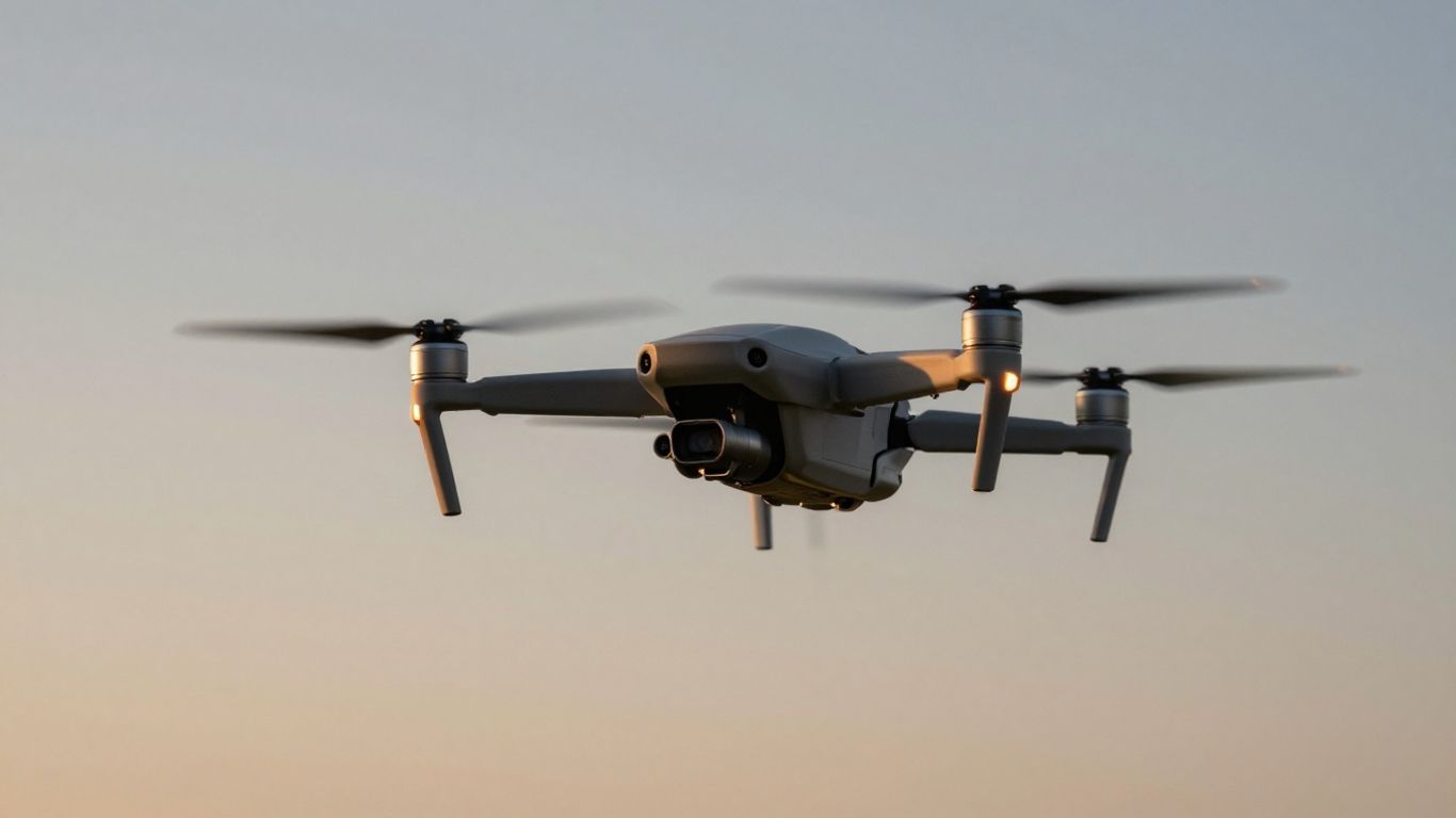 Drone flying silently in a twilight sky.